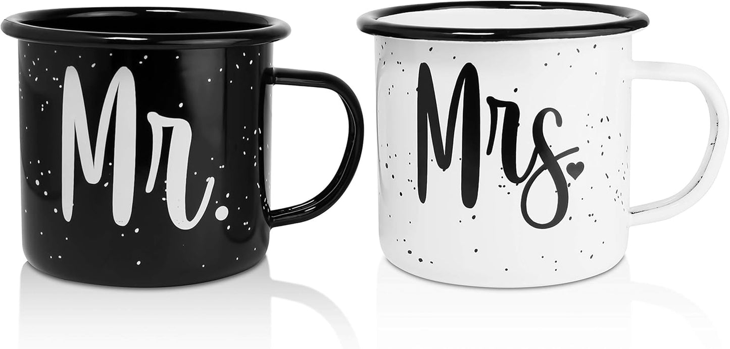 Mr and Mrs Coffee Mug Gift Set - Enamel Coated Stainless Steel Camping Mugs - Bride and Groom - Marriage Engagement Wedding Gift for Couples