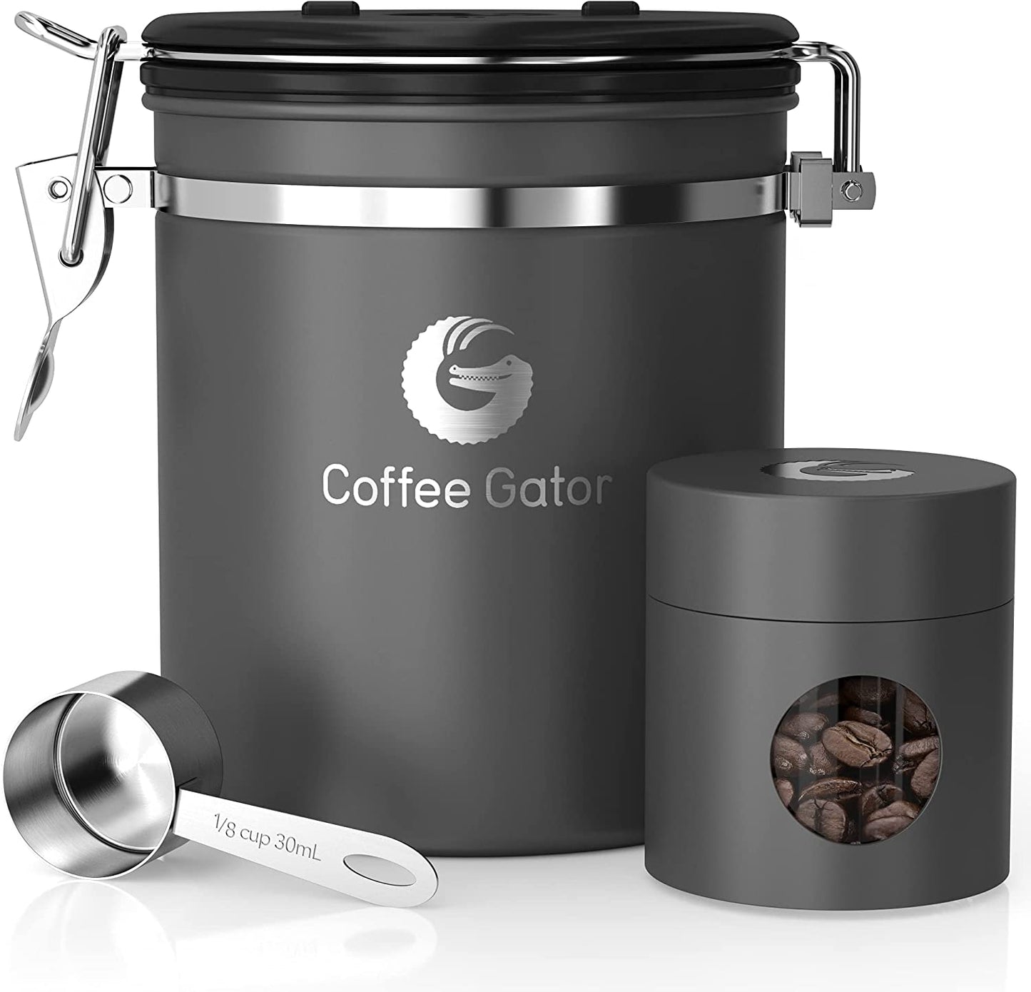 Coffee Canister - Airtight Stainless Steel Kitchen Food Storage Container with Date Tracker, Scoop for Grounds Coffee Bar Accessories, Beans,Tea, Sugar, Cereal, Flour (Gray, 16Oz+4Oz)