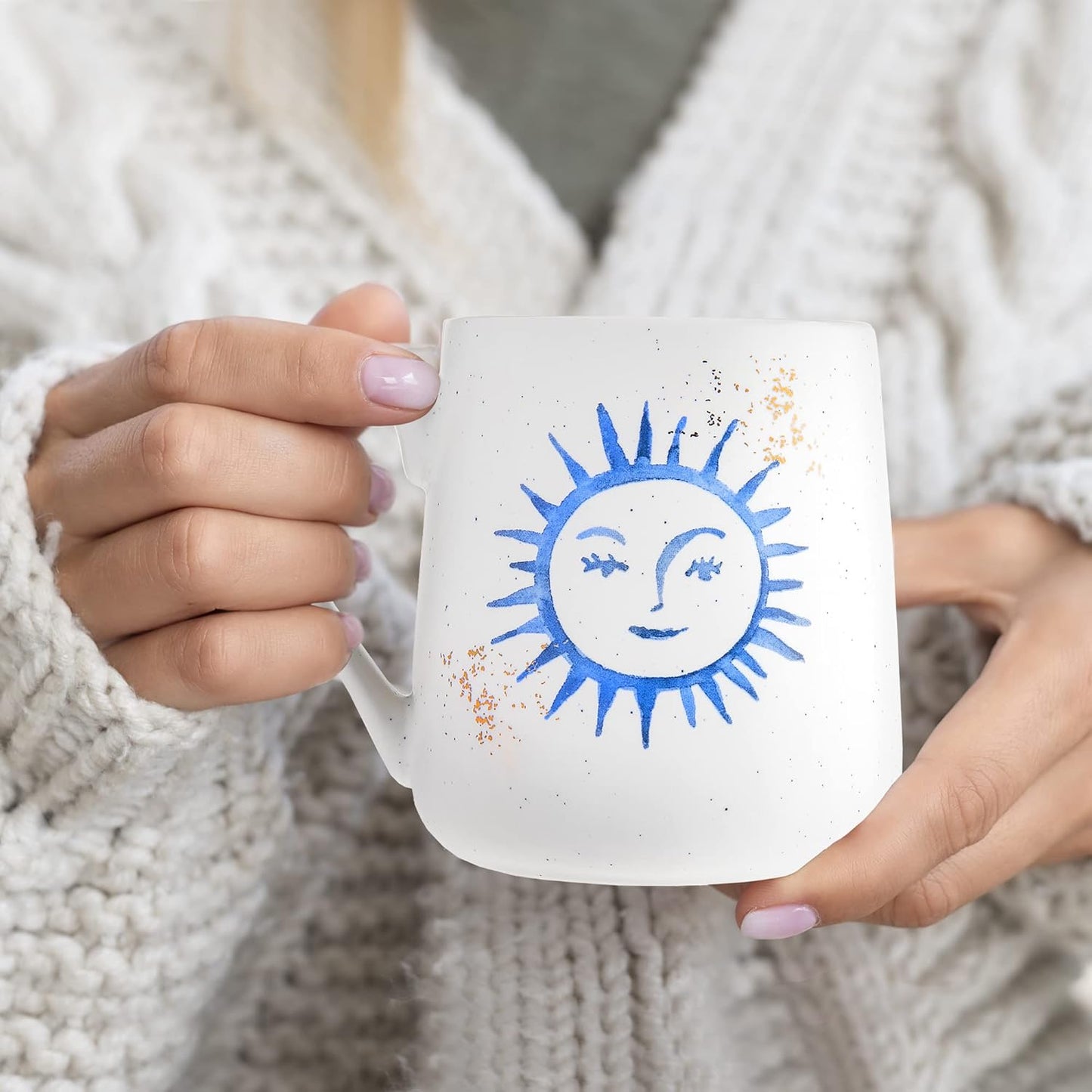 Set of 2 Stoneware Coffee Mugs- Blue & White Celestial, Astrological Coffee Cups, Mugs for Tea, Latte, and Hot Chocolate, 20 Oz (Sun & Moon)