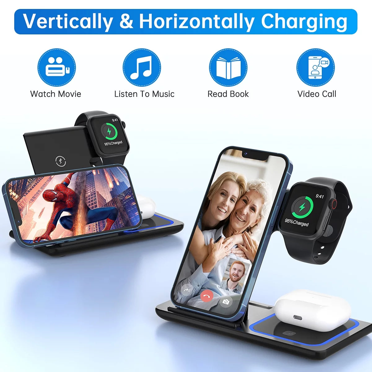Wireless Charger,  18W Fast Iphone Charging Station Compatible with Iphone 16E/15/14/13/12/11/Pro Max/Plus, 3 in 1 Wireless Charging Stand for Iwatch SE 10/9/8/7/6/5/4/3, Airpods Pro/3/2