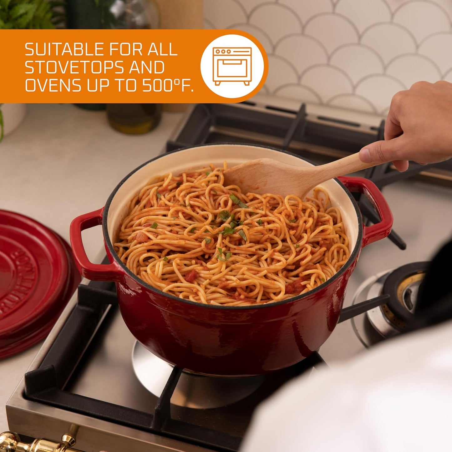 Pre-Seasoned Enameled Cast Iron Dutch Oven with Lid and Handle - 5.2 Quart Heavy Duty Casserole Dish for Cooking, Baking, and Braising - Oven Safe, Durable, round Cast Iron Cooking Pot - Red