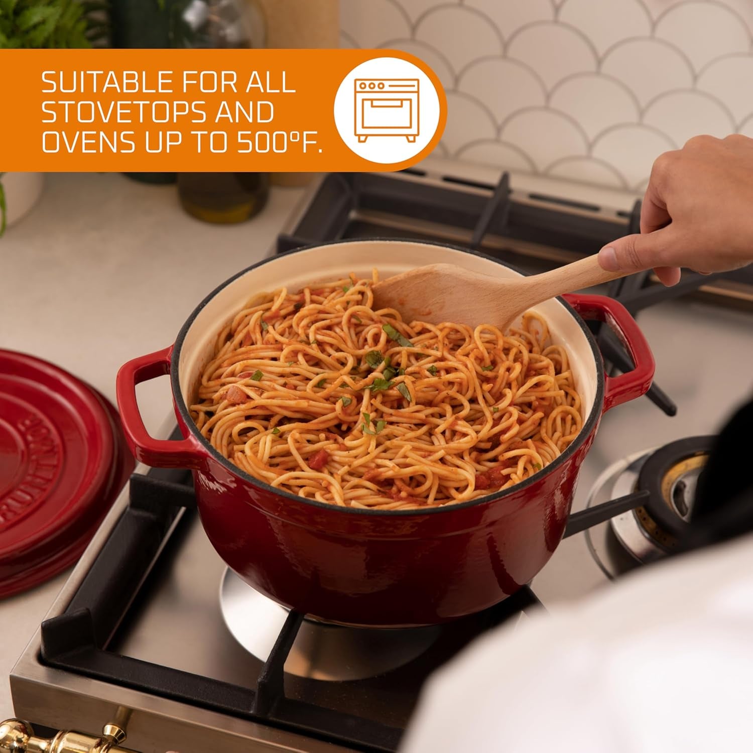 Pre-Seasoned Enameled Cast Iron Dutch Oven with Lid and Handle - 5.2 Quart Heavy Duty Casserole Dish for Cooking, Baking, and Braising - Oven Safe, Durable, round Cast Iron Cooking Pot - Red