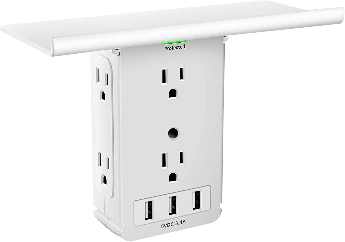 Socket Outlet Shelf with USB Ports, 1020J Surge Protector Extender Removable Charging Shelf, Wall Bathroom Multi Adapter Plug, FCC Listed.