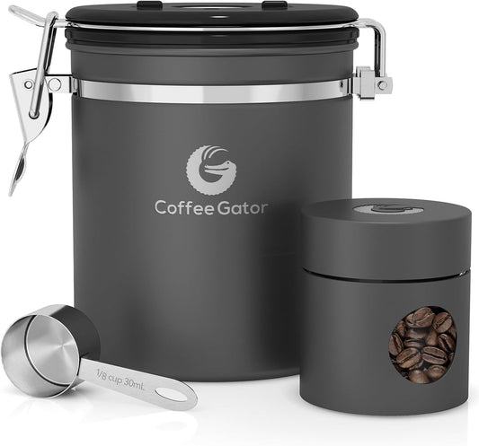 Coffee Canister - Airtight Stainless Steel Kitchen Food Storage Container with Date Tracker, Scoop for Grounds Coffee Bar Accessories, Beans,Tea, Sugar, Cereal, Flour (Gray, 16Oz+4Oz)