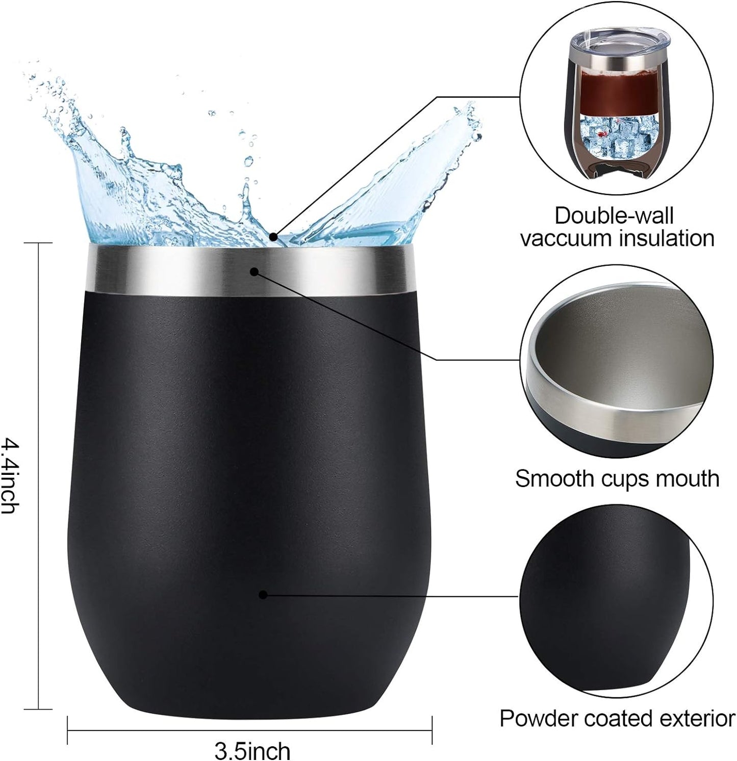 Stainless Steel Wine Tumbler 12Oz, Double Wall Vacuum Insulated Wine Tumbler with Lid and Straw, Stainless Steel Stemless Wine Glass for Wine, Coffee, Cocktails, Champaign, Ice Cream, Black