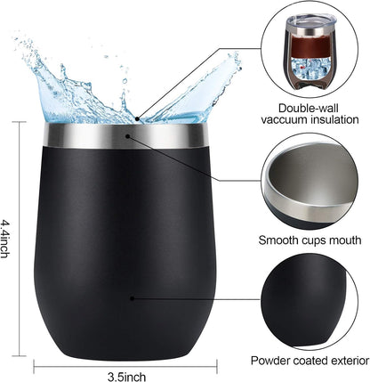 Stainless Steel Wine Tumbler 12Oz, Double Wall Vacuum Insulated Wine Tumbler with Lid and Straw, Stainless Steel Stemless Wine Glass for Wine, Coffee, Cocktails, Champaign, Ice Cream, Black