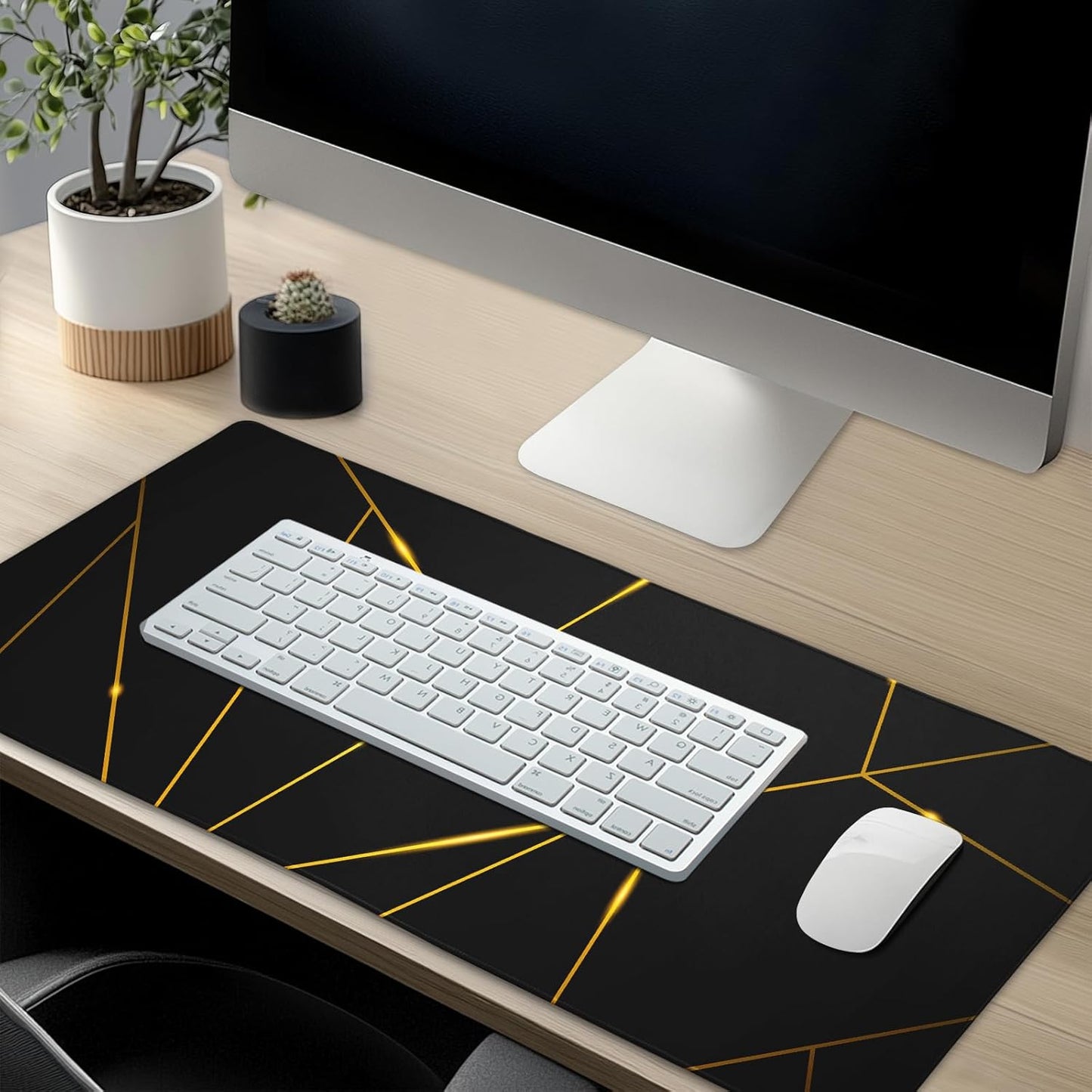 Gaming Mouse Pad 31.5×11.8 Inch XL with Stitched Edges Extended Waterproof Gold Line Black Geometric Desk Pads Non-Slip Rubber Base Large Keyboard Mat Computer Gaming Mousepad for Work/Office/Home