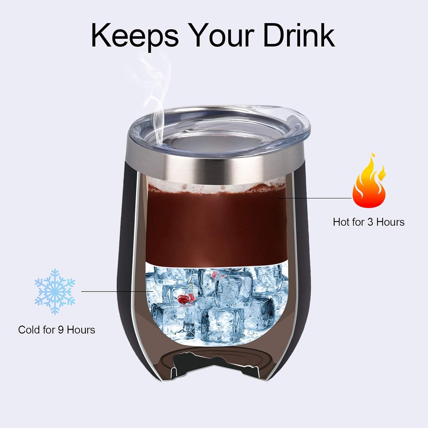 Stainless Steel Wine Tumbler 12Oz, Double Wall Vacuum Insulated Wine Tumbler with Lid and Straw, Stainless Steel Stemless Wine Glass for Wine, Coffee, Cocktails, Champaign, Ice Cream, Black