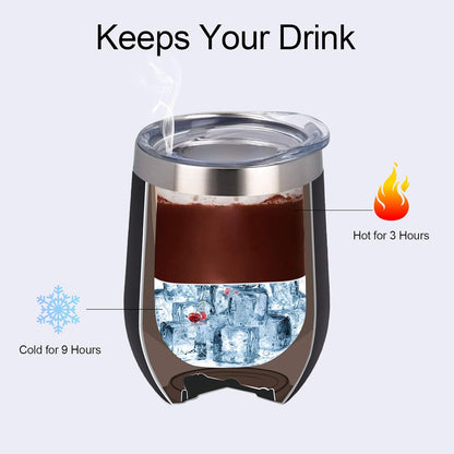 Stainless Steel Wine Tumbler 12Oz, Double Wall Vacuum Insulated Wine Tumbler with Lid and Straw, Stainless Steel Stemless Wine Glass for Wine, Coffee, Cocktails, Champaign, Ice Cream, Black