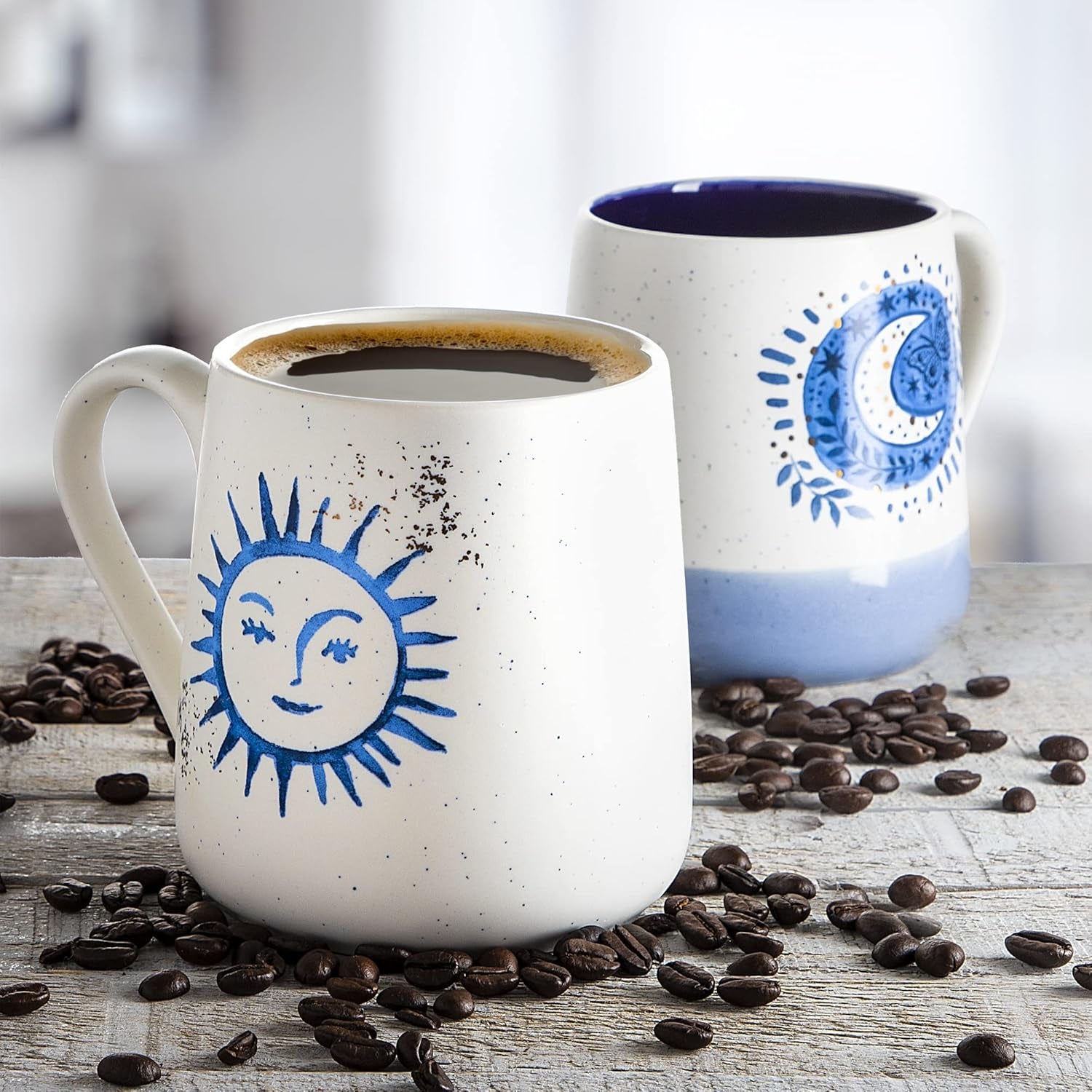 Set of 2 Stoneware Coffee Mugs- Blue & White Celestial, Astrological Coffee Cups, Mugs for Tea, Latte, and Hot Chocolate, 20 Oz (Sun & Moon)