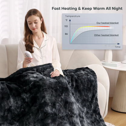 Electric Throw Blanket 50" X 60", Soft Faux Fur Heated Blanket with Large LED Display, 6 Heating Levels, 4 Hours Timer, Tie-Dye Black