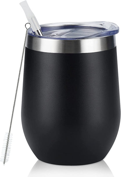 Stainless Steel Wine Tumbler 12Oz, Double Wall Vacuum Insulated Wine Tumbler with Lid and Straw, Stainless Steel Stemless Wine Glass for Wine, Coffee, Cocktails, Champaign, Ice Cream, Black