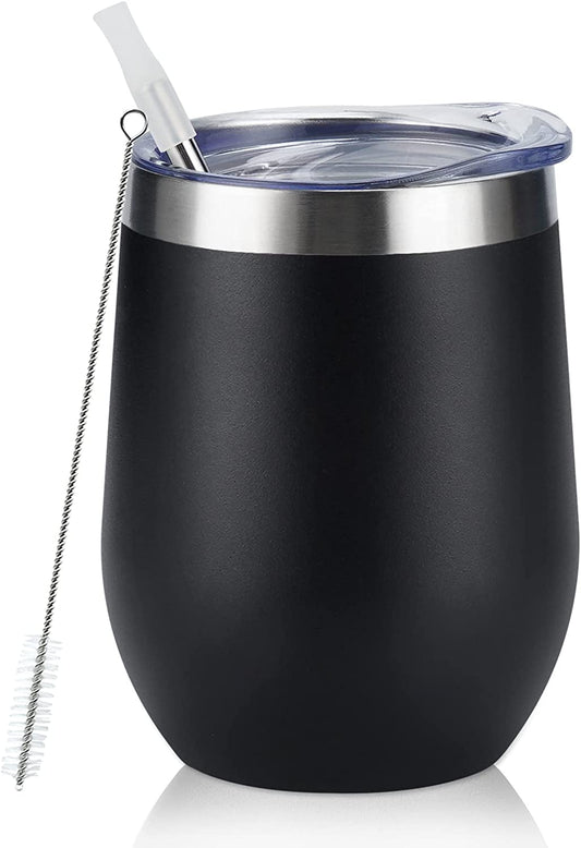 Stainless Steel Wine Tumbler 12Oz, Double Wall Vacuum Insulated Wine Tumbler with Lid and Straw, Stainless Steel Stemless Wine Glass for Wine, Coffee, Cocktails, Champaign, Ice Cream, Black