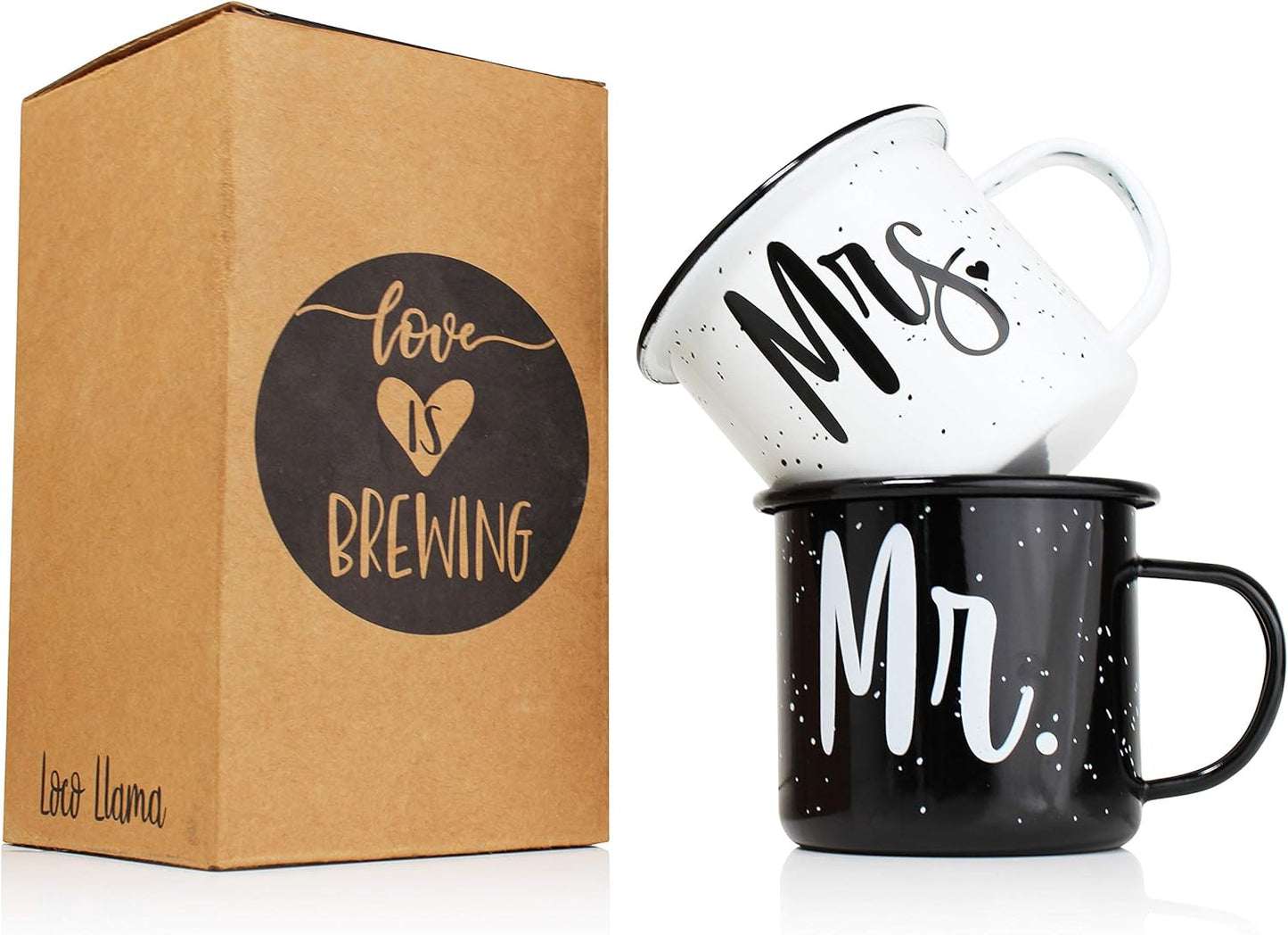 Mr and Mrs Coffee Mug Gift Set - Enamel Coated Stainless Steel Camping Mugs - Bride and Groom - Marriage Engagement Wedding Gift for Couples
