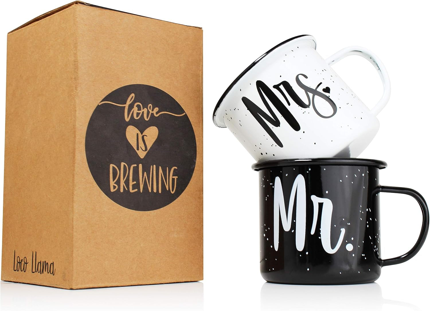 Mr and Mrs Coffee Mug Gift Set - Enamel Coated Stainless Steel Camping Mugs - Bride and Groom - Marriage Engagement Wedding Gift for Couples
