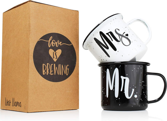 Mr and Mrs Coffee Mug Gift Set - Enamel Coated Stainless Steel Camping Mugs - Bride and Groom - Marriage Engagement Wedding Gift for Couples