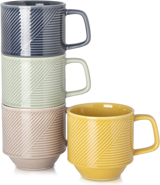 Stackable Coffee Mugs Set: 15 Ounce Large Stacking Ceramic Mugs Set for Coffee Mocha Latte Tea Milk - Set of 4 Big Porcelain Coffee Cups 4 Color Assorted (Warm Color)