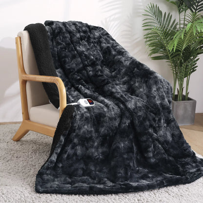 Electric Throw Blanket 50" X 60", Soft Faux Fur Heated Blanket with Large LED Display, 6 Heating Levels, 4 Hours Timer, Tie-Dye Black