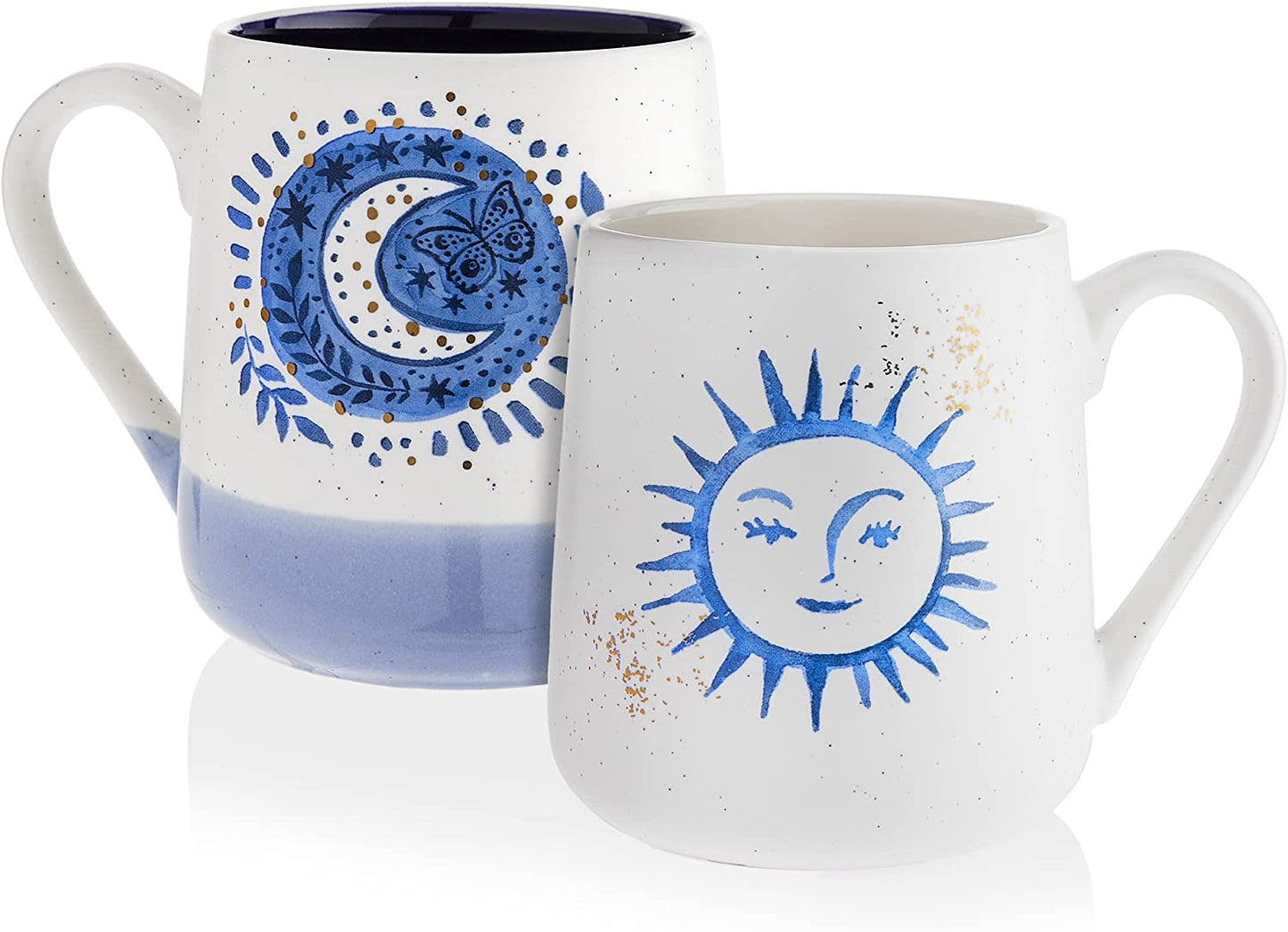 Set of 2 Stoneware Coffee Mugs- Blue & White Celestial, Astrological Coffee Cups, Mugs for Tea, Latte, and Hot Chocolate, 20 Oz (Sun & Moon)