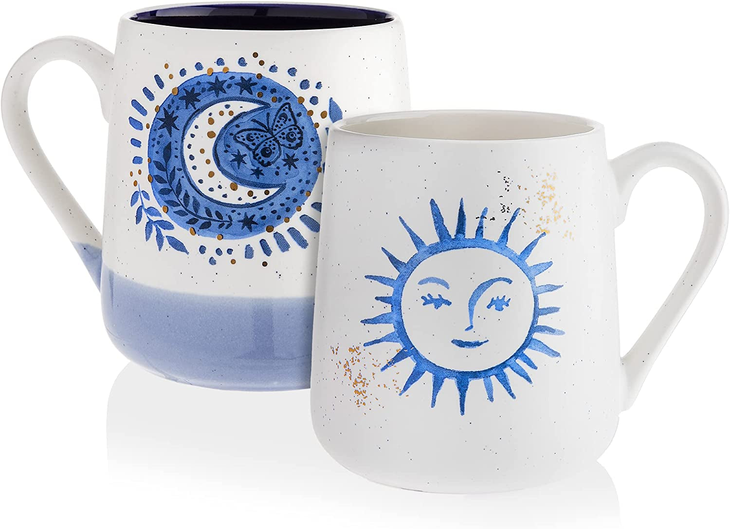 Set of 2 Stoneware Coffee Mugs- Blue & White Celestial, Astrological Coffee Cups, Mugs for Tea, Latte, and Hot Chocolate, 20 Oz (Sun & Moon)