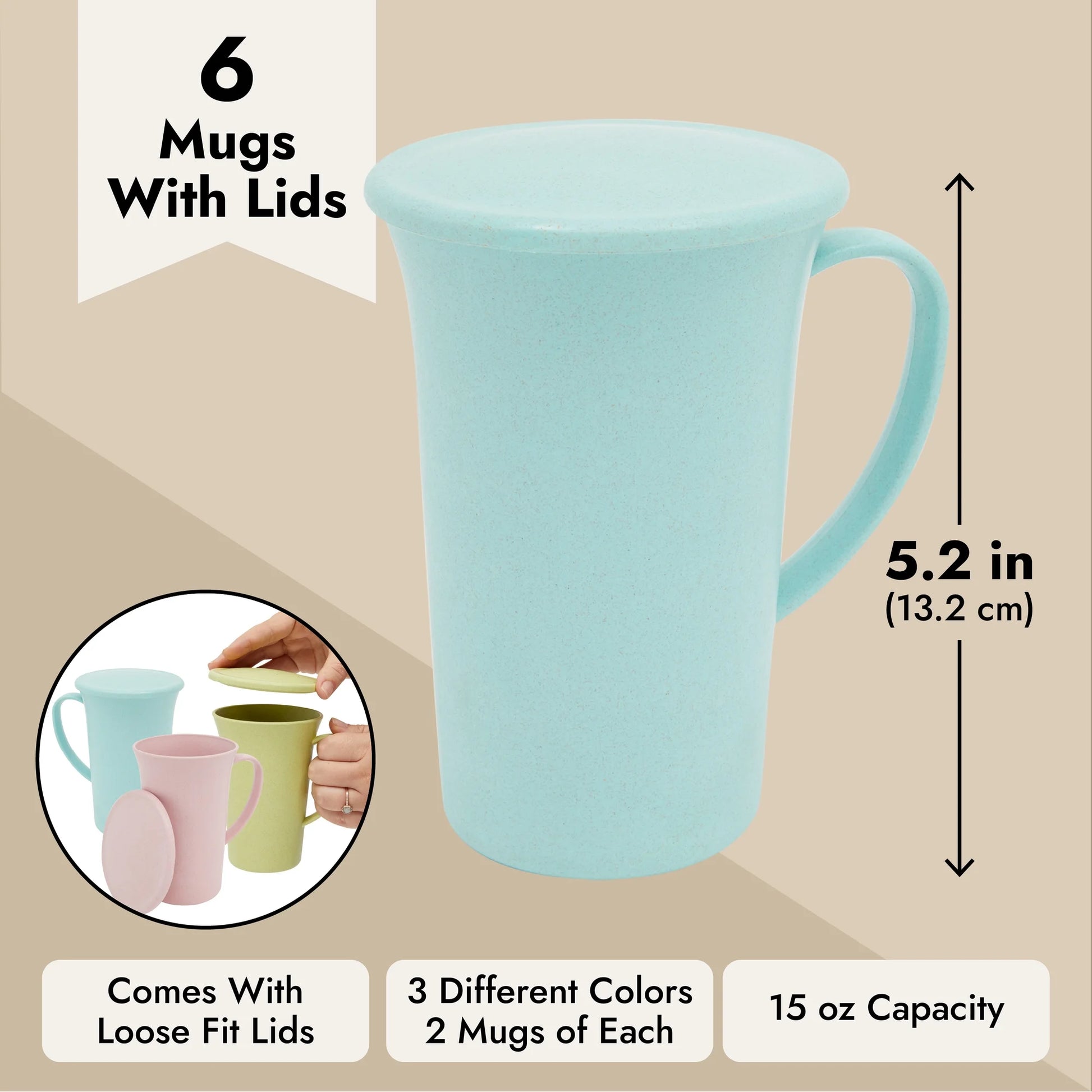 6 Pack Wheat Straw Mugs with Handles, Lids, Unbreakable Coffee Cups, Microwave and Dishwasher Safe (3 Colors, 15 Oz)