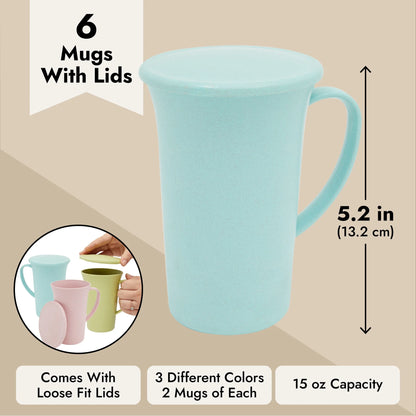6 Pack Wheat Straw Mugs with Handles, Lids, Unbreakable Coffee Cups, Microwave and Dishwasher Safe (3 Colors, 15 Oz)