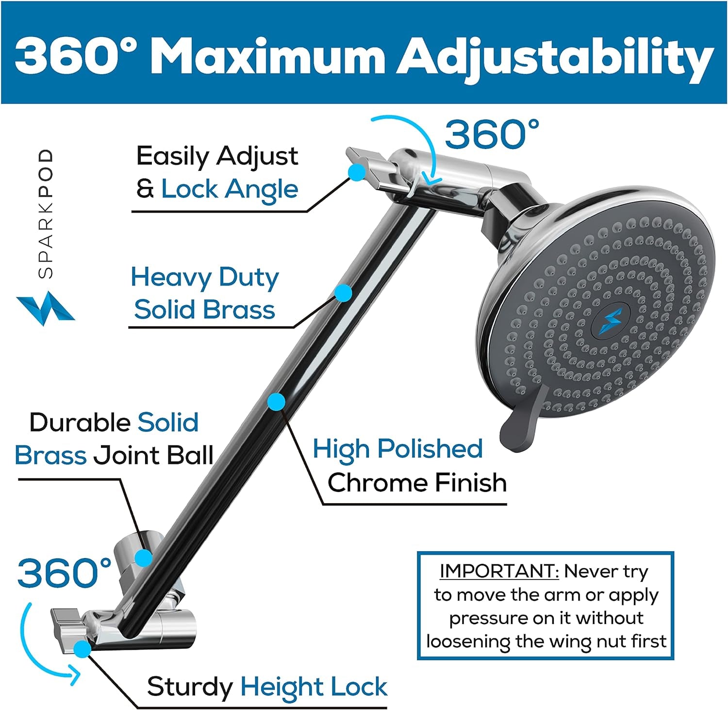 11" Solid Brass Shower Head Extension Arm - Flexible Height & Angle Adjustable Shower Arm Extension for Rain Showerheads with Sturdy Lock - Universal Pipe Connection (Luxury Polished Chrome)