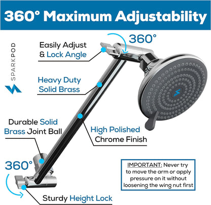 11" Solid Brass Shower Head Extension Arm - Flexible Height & Angle Adjustable Shower Arm Extension for Rain Showerheads with Sturdy Lock - Universal Pipe Connection (Luxury Polished Chrome)