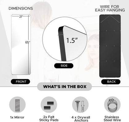 Large Full Length Body Mirror for Floor & Wall in Bedroom - Metal Frame - Big & Tall Long Mirror for Leaning - Full Length Wall Mirror Size 65" X 21" (Black, Slim Lip)
