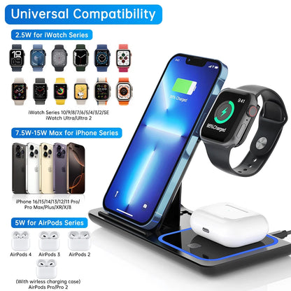 Wireless Charger,  18W Fast Iphone Charging Station Compatible with Iphone 16E/15/14/13/12/11/Pro Max/Plus, 3 in 1 Wireless Charging Stand for Iwatch SE 10/9/8/7/6/5/4/3, Airpods Pro/3/2