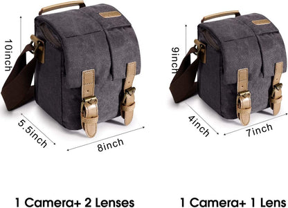 Waterproof Camera Bags for DSLR Canon Canvas Vintage Shoulder Women Men Camera Messenger Bag Leather Trim(Grey)