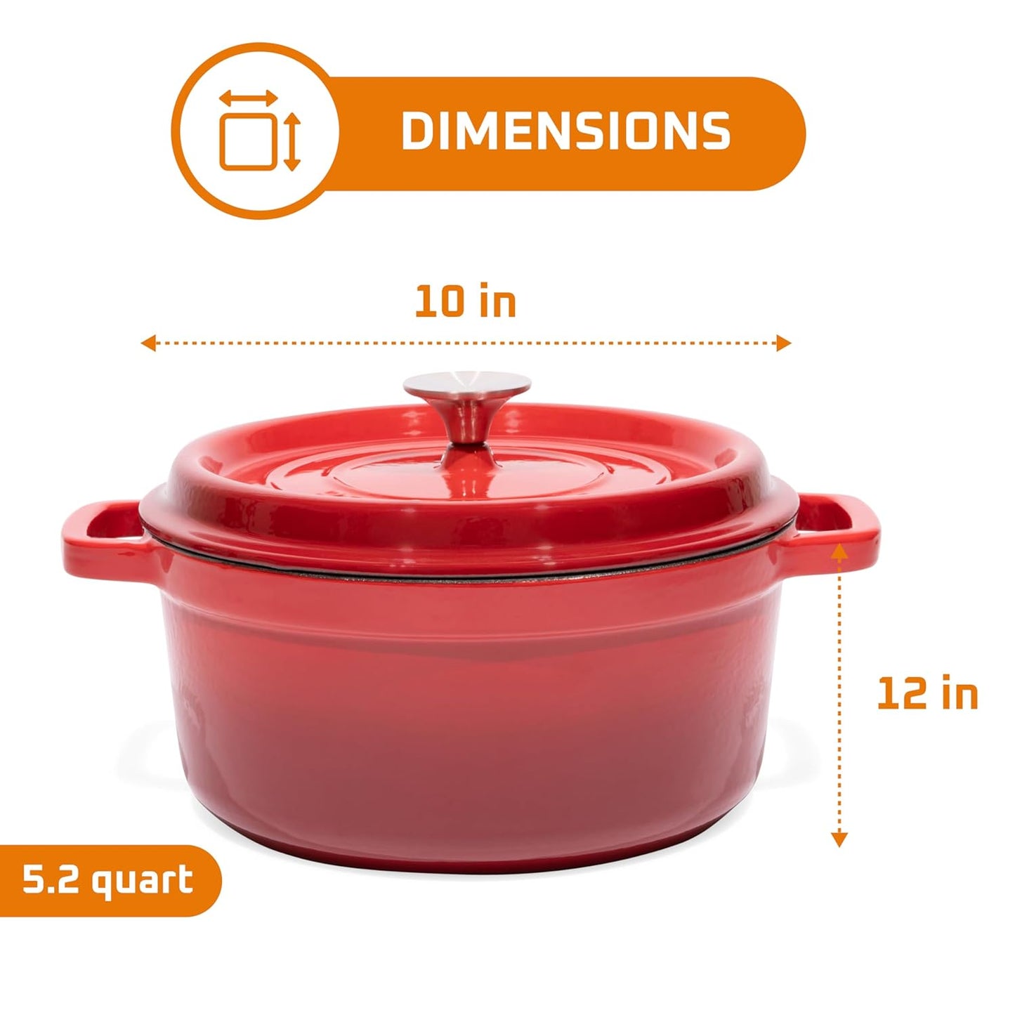 Pre-Seasoned Enameled Cast Iron Dutch Oven with Lid and Handle - 5.2 Quart Heavy Duty Casserole Dish for Cooking, Baking, and Braising - Oven Safe, Durable, round Cast Iron Cooking Pot - Red