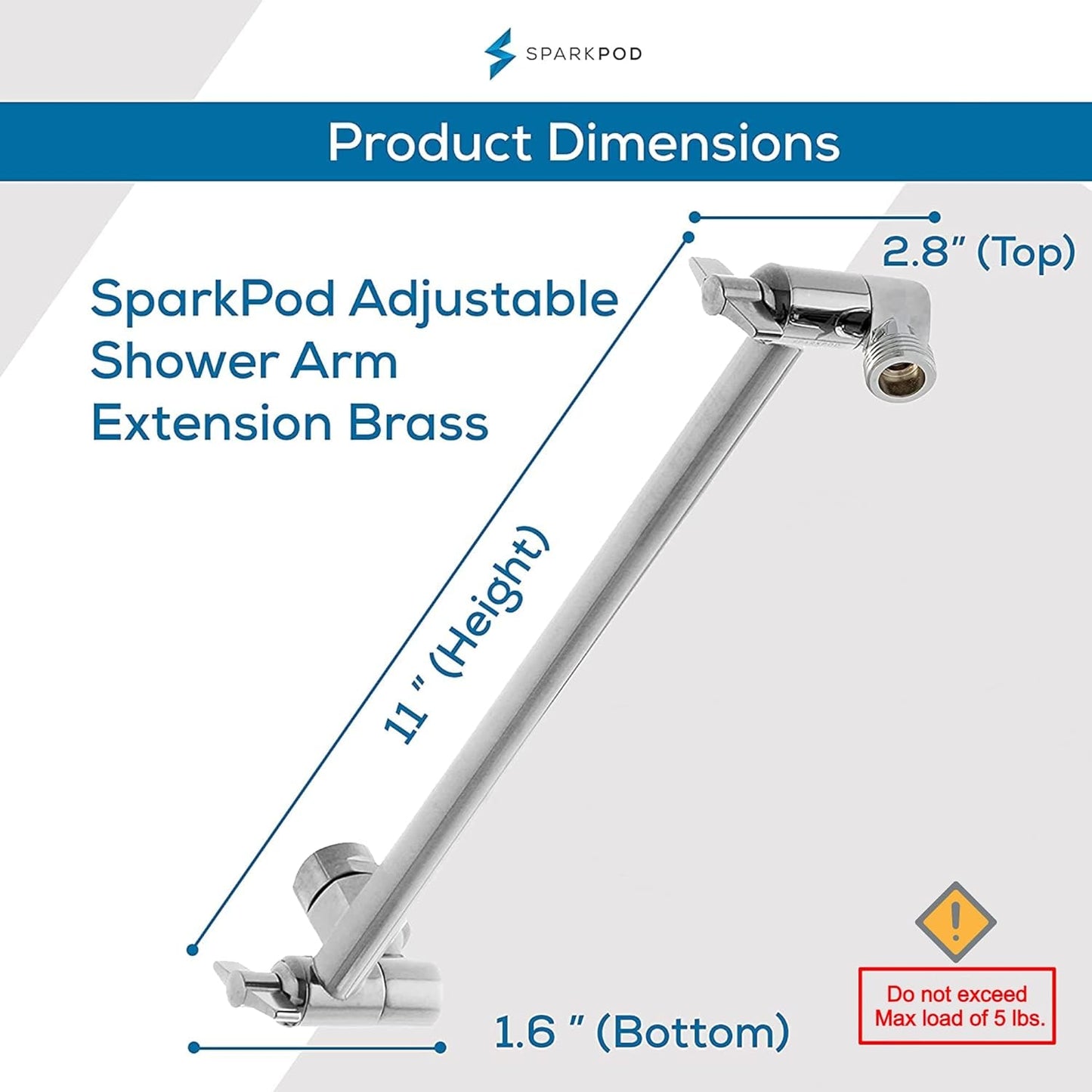 11" Solid Brass Shower Head Extension Arm - Flexible Height & Angle Adjustable Shower Arm Extension for Rain Showerheads with Sturdy Lock - Universal Pipe Connection (Luxury Polished Chrome)