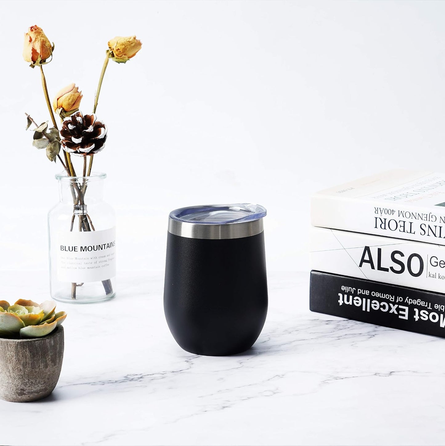 Stainless Steel Wine Tumbler 12Oz, Double Wall Vacuum Insulated Wine Tumbler with Lid and Straw, Stainless Steel Stemless Wine Glass for Wine, Coffee, Cocktails, Champaign, Ice Cream, Black