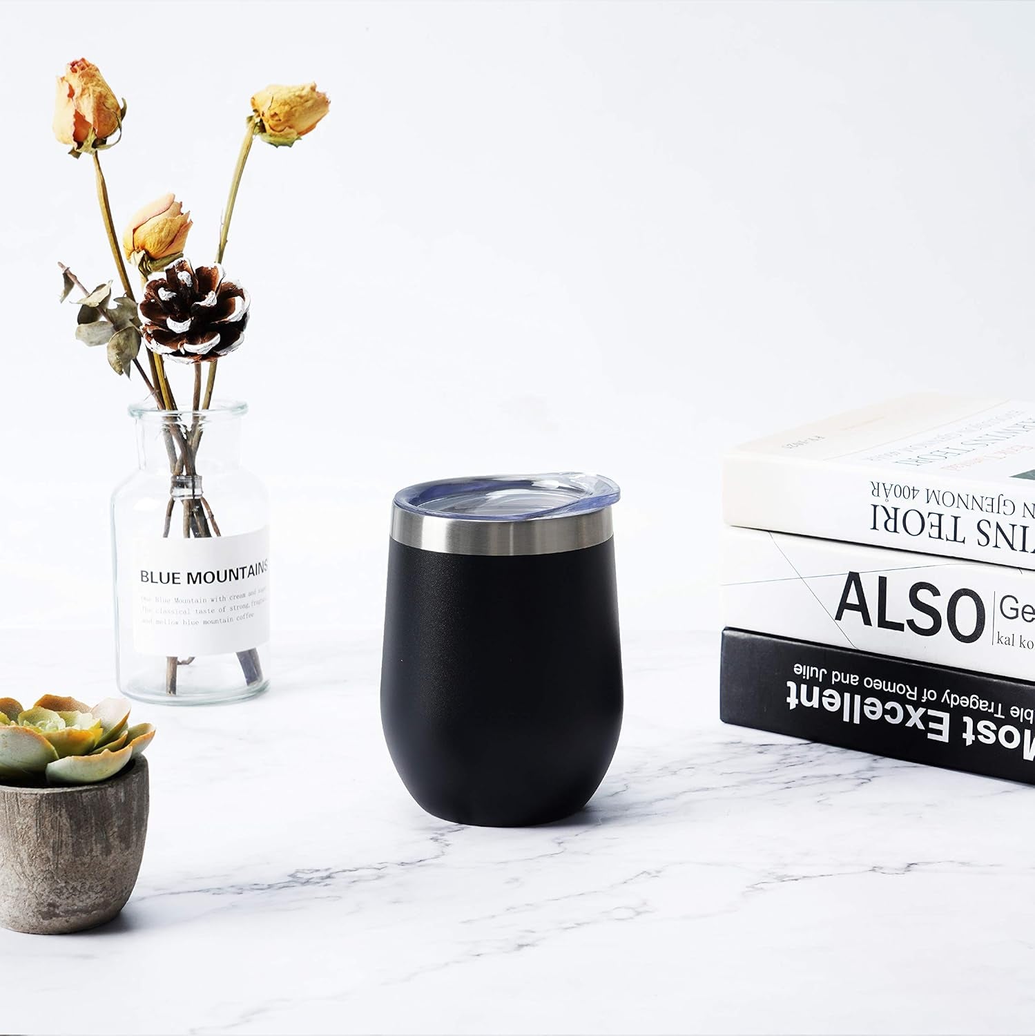 Stainless Steel Wine Tumbler 12Oz, Double Wall Vacuum Insulated Wine Tumbler with Lid and Straw, Stainless Steel Stemless Wine Glass for Wine, Coffee, Cocktails, Champaign, Ice Cream, Black