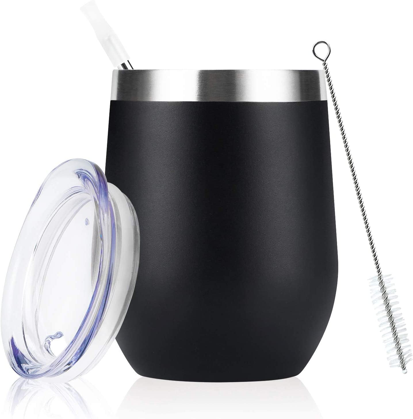 Stainless Steel Wine Tumbler 12Oz, Double Wall Vacuum Insulated Wine Tumbler with Lid and Straw, Stainless Steel Stemless Wine Glass for Wine, Coffee, Cocktails, Champaign, Ice Cream, Black