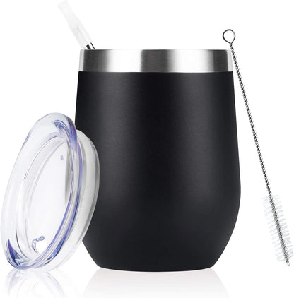 Stainless Steel Wine Tumbler 12Oz, Double Wall Vacuum Insulated Wine Tumbler with Lid and Straw, Stainless Steel Stemless Wine Glass for Wine, Coffee, Cocktails, Champaign, Ice Cream, Black