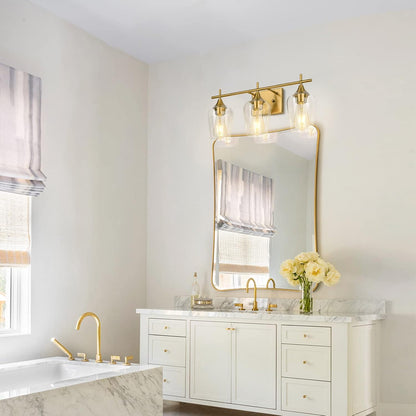 3-Light Gold Bathroom Light Fixtures, Brushed Brass Vanity Lights for Bathroom with Clear Glass Shade over Mirror for Bedroom Hallway Living Room