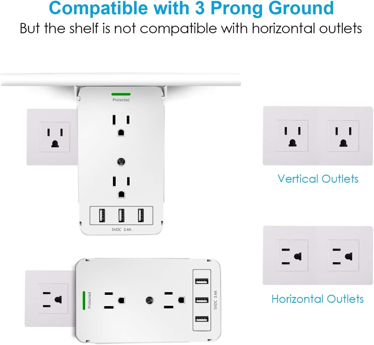 Socket Outlet Shelf with USB Ports, 1020J Surge Protector Extender Removable Charging Shelf, Wall Bathroom Multi Adapter Plug, FCC Listed.