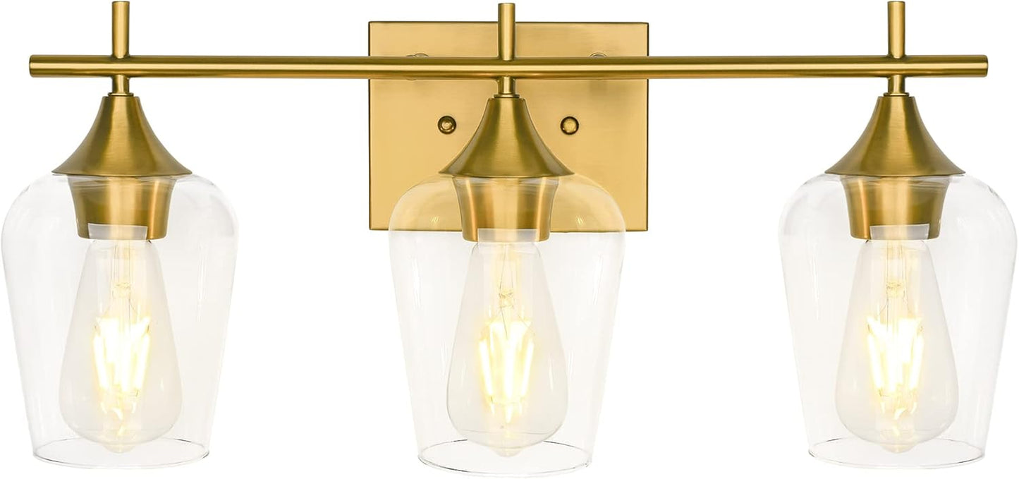 3-Light Gold Bathroom Light Fixtures, Brushed Brass Vanity Lights for Bathroom with Clear Glass Shade over Mirror for Bedroom Hallway Living Room