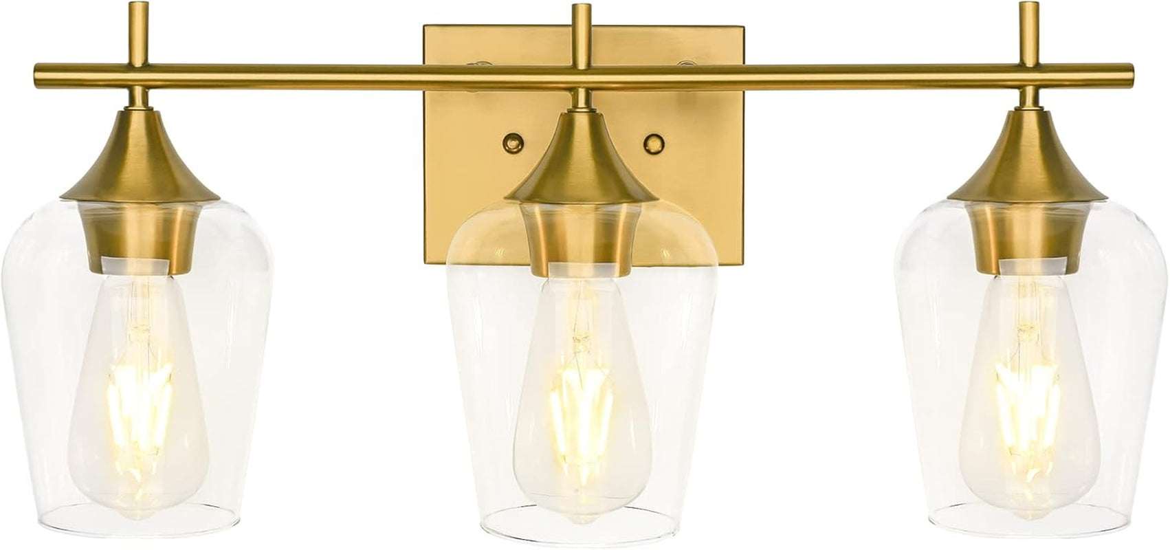 3-Light Gold Bathroom Light Fixtures, Brushed Brass Vanity Lights for Bathroom with Clear Glass Shade over Mirror for Bedroom Hallway Living Room
