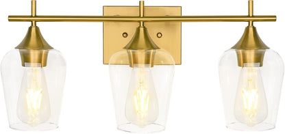 3-Light Gold Bathroom Light Fixtures, Brushed Brass Vanity Lights for Bathroom with Clear Glass Shade over Mirror for Bedroom Hallway Living Room