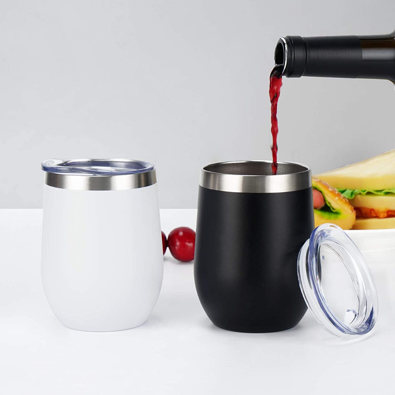 Stainless Steel Wine Tumbler 12Oz, Double Wall Vacuum Insulated Wine Tumbler with Lid and Straw, Stainless Steel Stemless Wine Glass for Wine, Coffee, Cocktails, Champaign, Ice Cream, Black