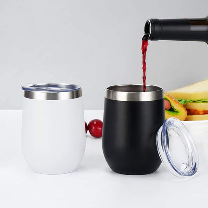 Stainless Steel Wine Tumbler 12Oz, Double Wall Vacuum Insulated Wine Tumbler with Lid and Straw, Stainless Steel Stemless Wine Glass for Wine, Coffee, Cocktails, Champaign, Ice Cream, Black