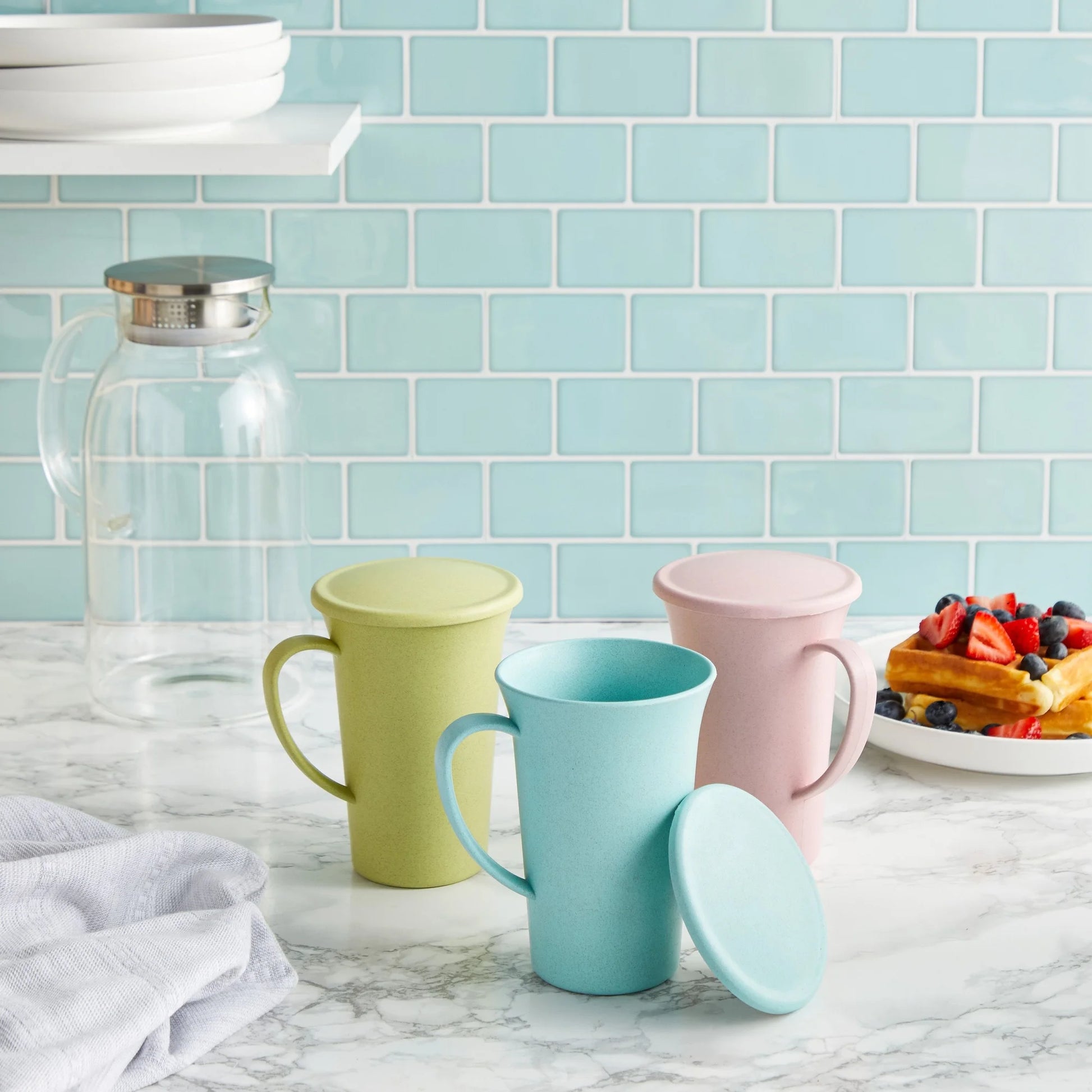 6 Pack Wheat Straw Mugs with Handles, Lids, Unbreakable Coffee Cups, Microwave and Dishwasher Safe (3 Colors, 15 Oz)