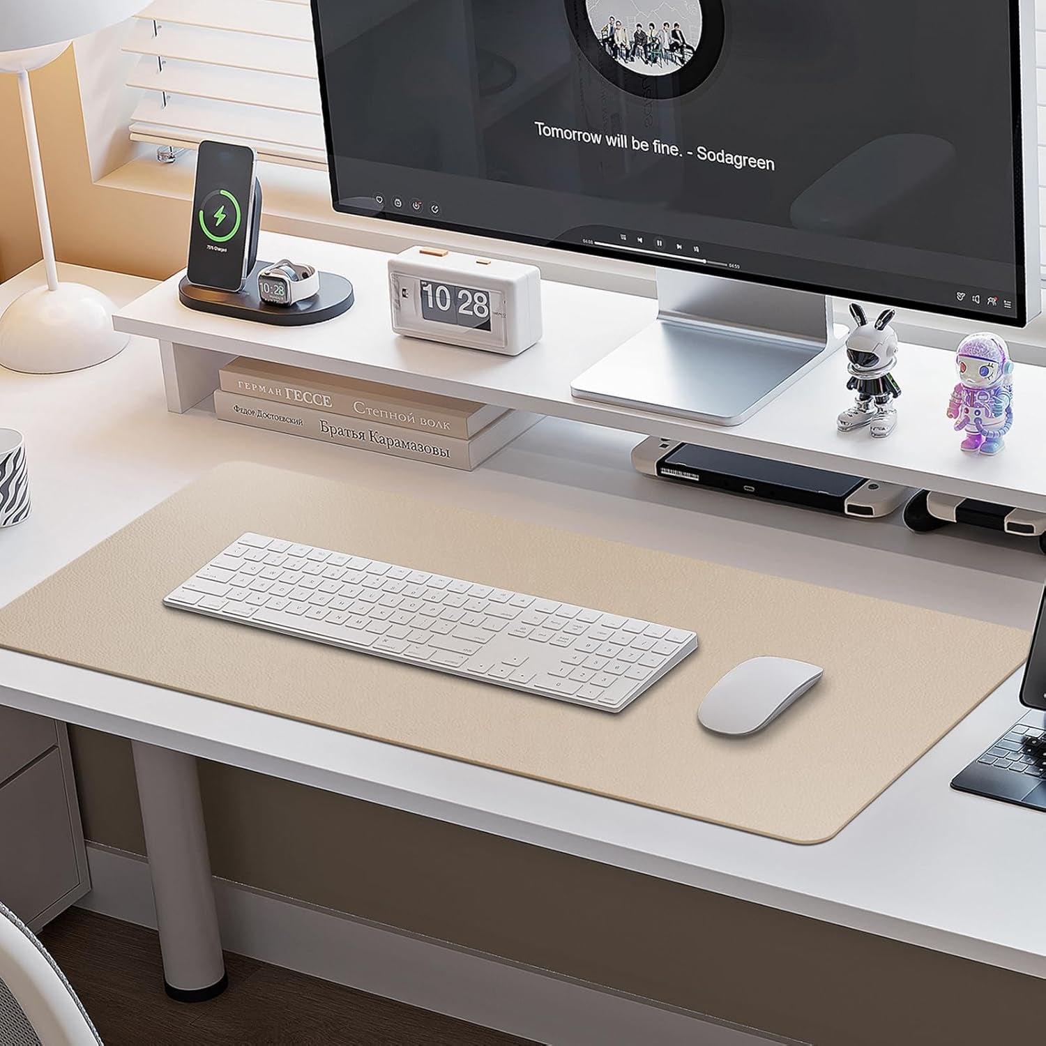 Leather Desk Pad Protector,Non-Slip Mouse Pad,Laptop Desk Pad,Office Mouse Mat,Waterproof Leather Desk Blotter,Desk Writing Pad for Office and Home (M-Beige,30"X14")