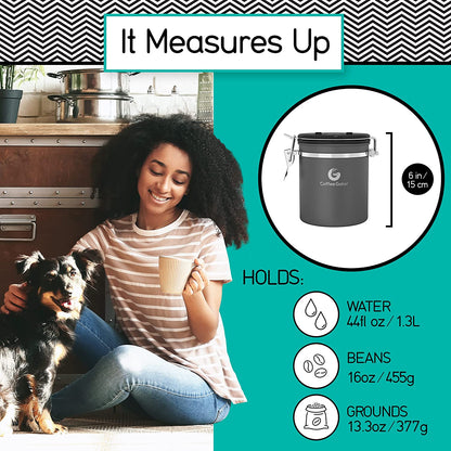 Coffee Canister - Airtight Stainless Steel Kitchen Food Storage Container with Date Tracker, Scoop for Grounds Coffee Bar Accessories, Beans,Tea, Sugar, Cereal, Flour (Gray, 16Oz+4Oz)