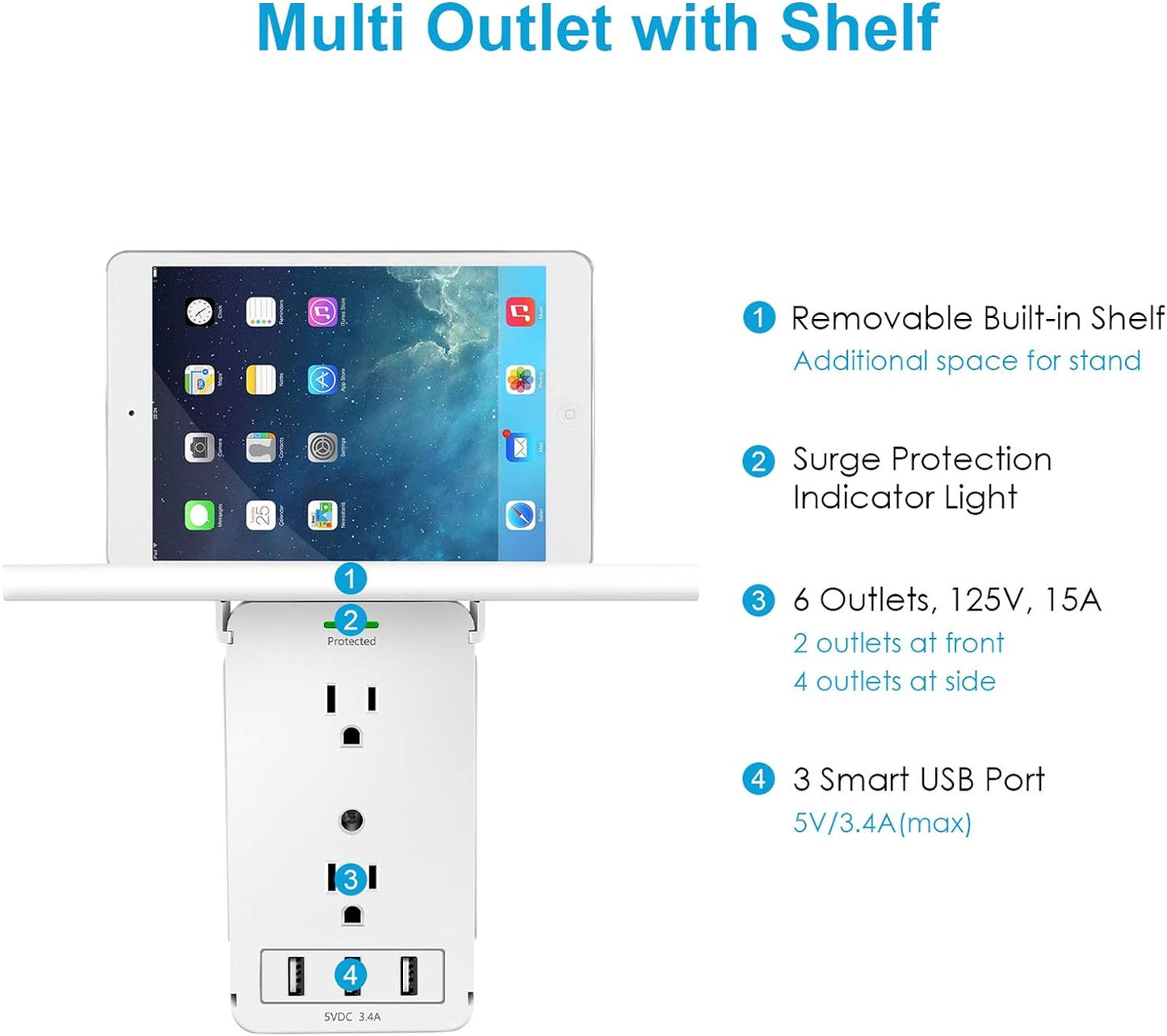 Socket Outlet Shelf with USB Ports, 1020J Surge Protector Extender Removable Charging Shelf, Wall Bathroom Multi Adapter Plug, FCC Listed.