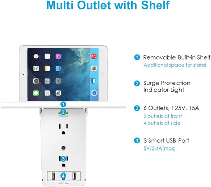 Socket Outlet Shelf with USB Ports, 1020J Surge Protector Extender Removable Charging Shelf, Wall Bathroom Multi Adapter Plug, FCC Listed.