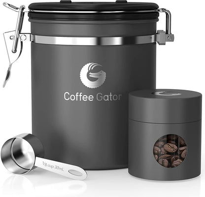 Coffee Canister - Airtight Stainless Steel Kitchen Food Storage Container with Date Tracker, Scoop for Grounds Coffee Bar Accessories, Beans,Tea, Sugar, Cereal, Flour (Gray, 16Oz+4Oz)